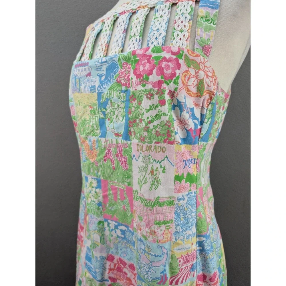 Lilly Pulitzer Shift Dress Sz 6 Multicolor Patchwork Sleeveless Bow Strap Resort - Picture 6 of 16